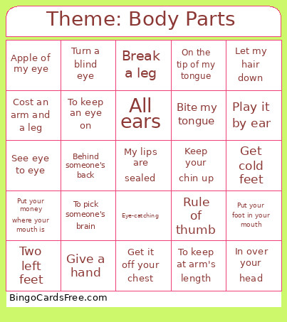 Theme: Body Parts Bingo Card