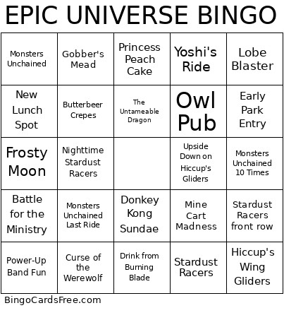 Theme Park Checklist Bingo Card
