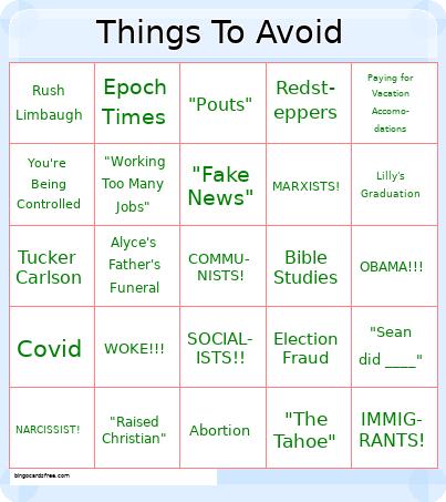 Things To Avoid Bingo