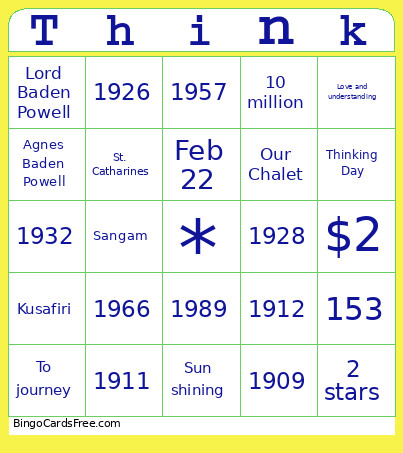 Thinking Day Bingo Card 2