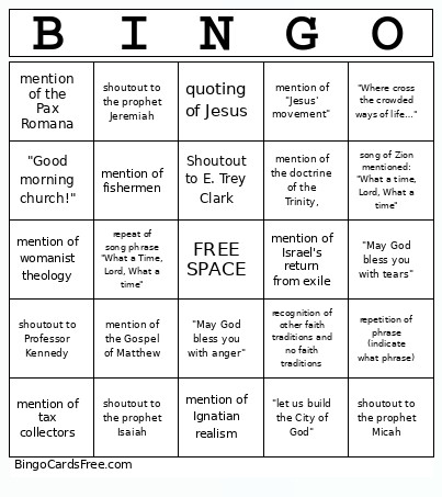 THL 1000 Barbara Harris Sermon Bingo Card