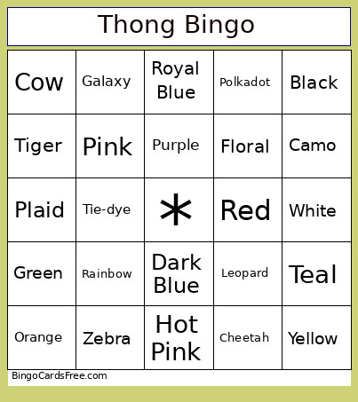 Thong Color Bingo Card