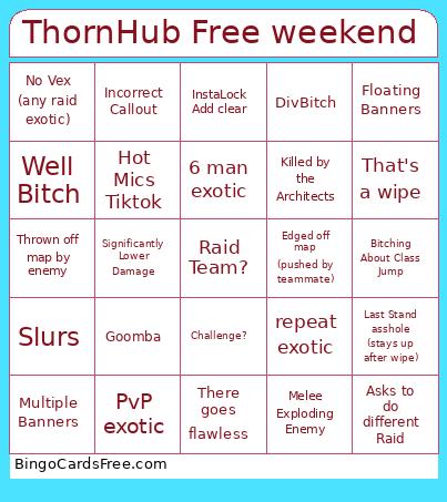 ThornHub Bingo Cards Free Pdf Printable Game, Title: ThornHub Free weekend