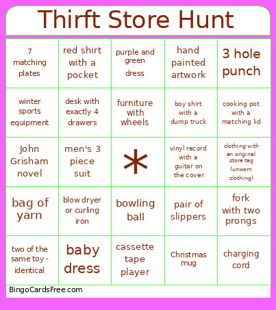 Thrift Store Hunt Bingo Card