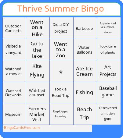 Thrive Summer Bingo Cards Free Pdf Printable Game, Title: Thrive Summer Bingo