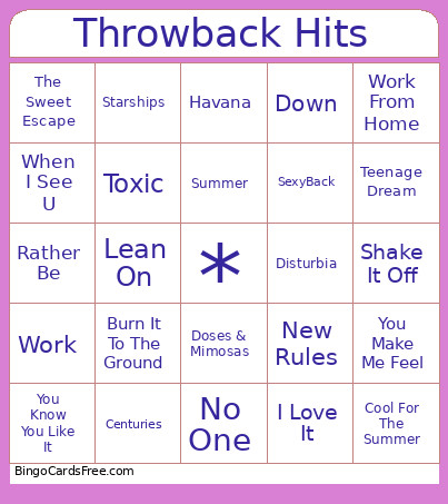 Throwback Hits Bingo Card