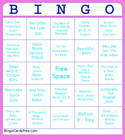 Throwback Song Bingo Card