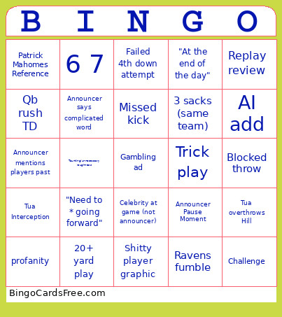 Thursday Night Football Bingo Card