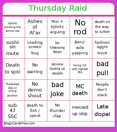 Thursday Raid Bingo Card