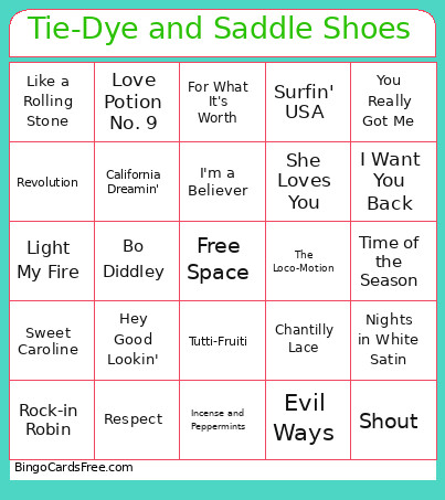 Tie-Dye And Saddle Shoes Bingo Card