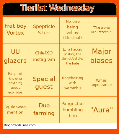 Tierlist Wednesday Bingo Card