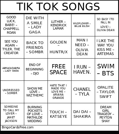 TIK TOK SONGS Bingo Card
