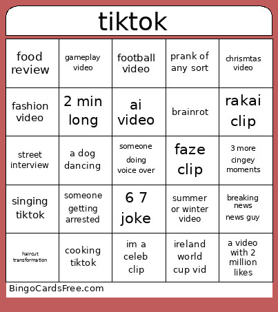 TIKTOK Bingo Card