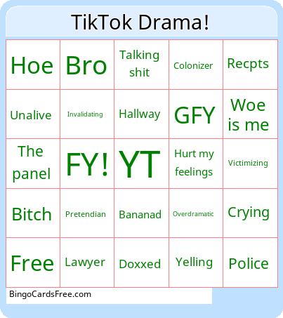 TikTok Drama! Bingo Cards Free Pdf Printable Game, Title: TikTok Drama!