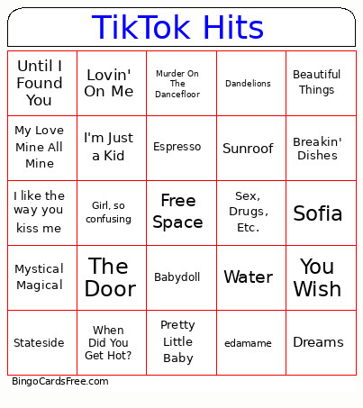 TikTok Hits Bingo Card