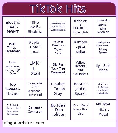 TikTok Hits Bingo Card