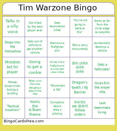 Tim Warzone Bingo Card