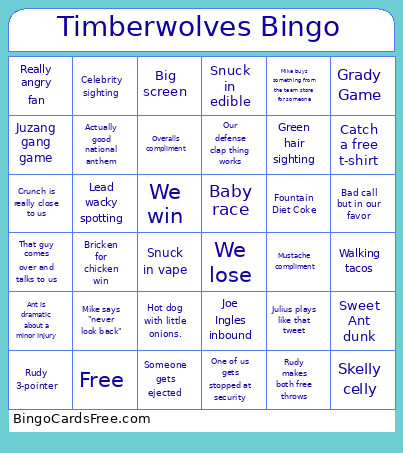 Timberwolves Bingo Card