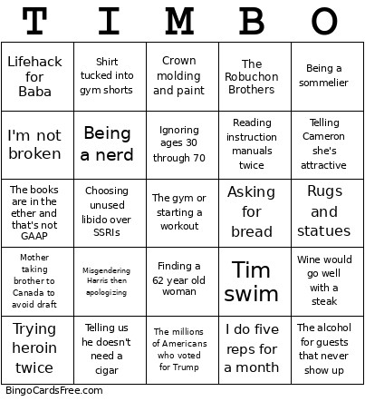 Timborelli Bingo Card