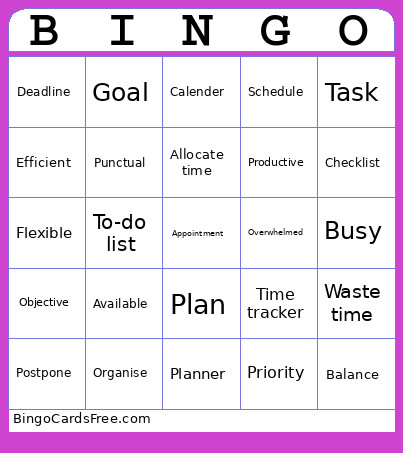 Time Management Bingo Card