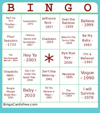 Time Travel Music Bingo Card