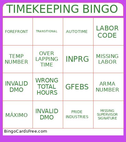 TIMEKEEPING BINGO