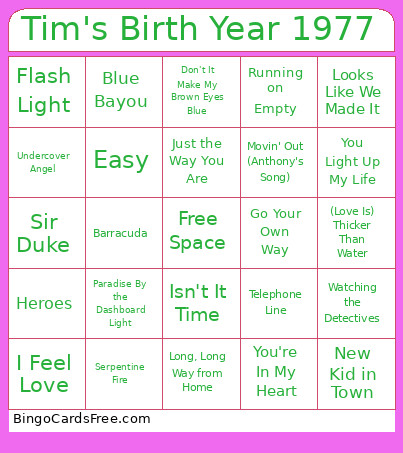 Tim's Birth Year 1977 Bingo Card