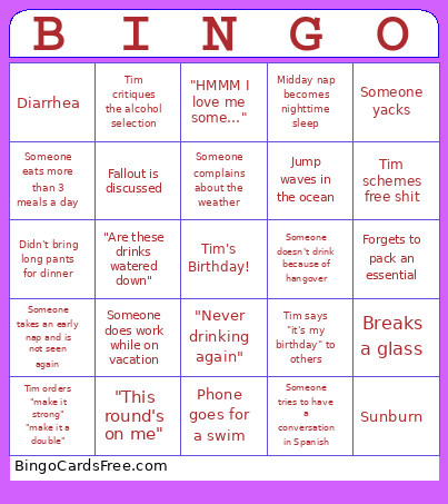 Tim's Birthday Bingo Card