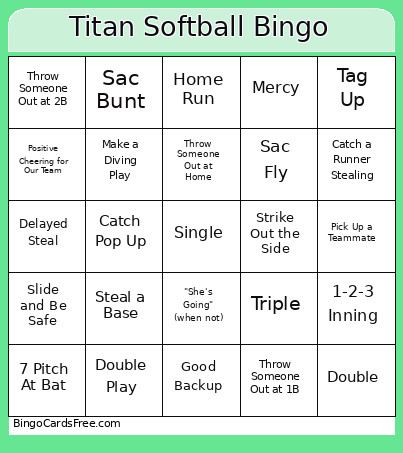 Titan Softball Bingo Card