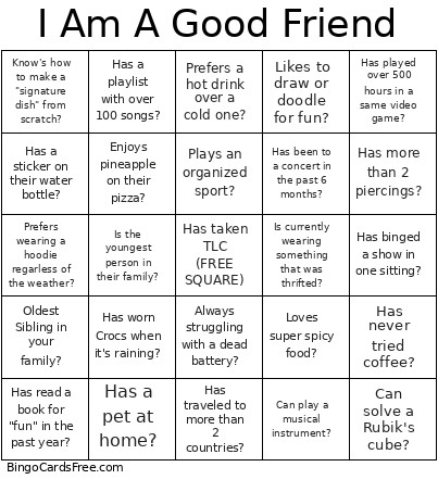 TLC - I Am A Good Friend Bingo Card