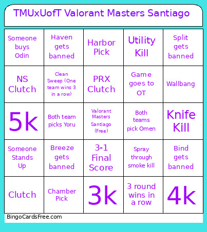 TMUxUofT Valorant Masters Santiago Bingo Card