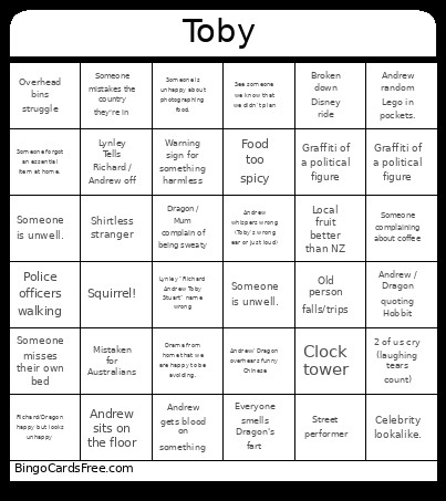 Toby 1 Bingo Card