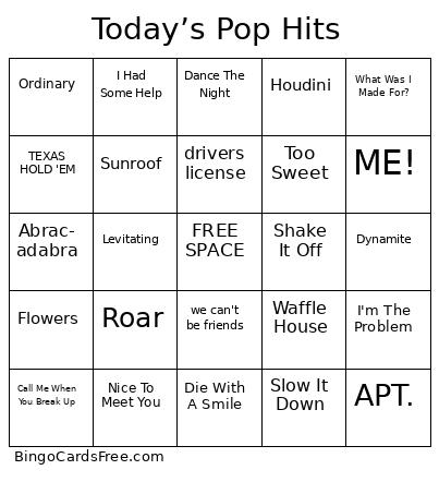 Today’s Pop Hits Bingo