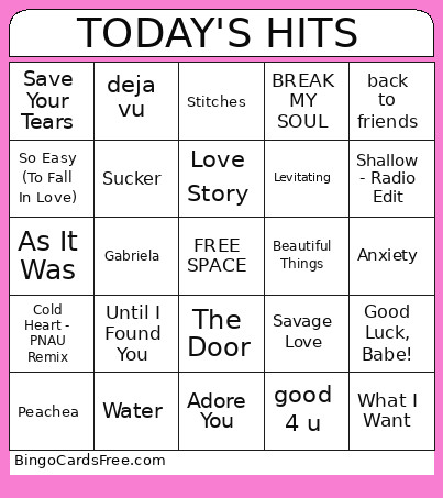 Today's Hits Bingo Card
