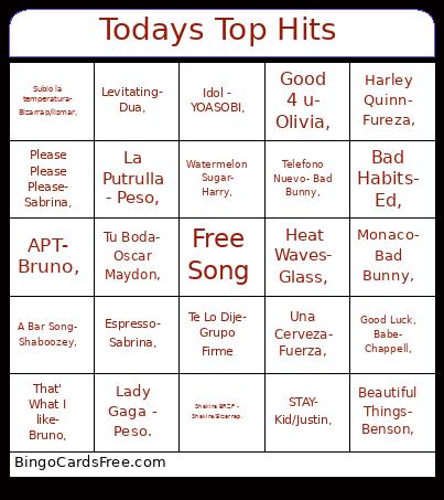 Todays Top Hits Bingo Card