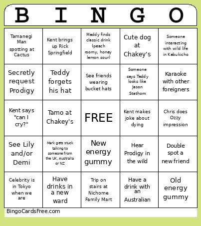 Tokyo Bingo Card