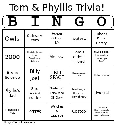 Tom & Phyllis Trivia Bingo Card
