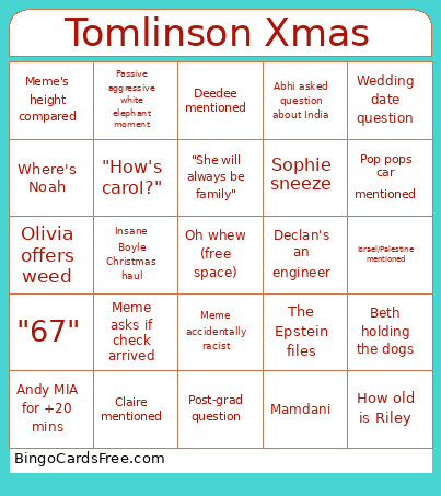Tomlinson Xmas Bingo Card
