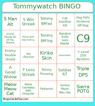Tommywatch Bingo Card