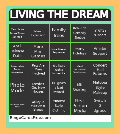 Tomodachi Life Direct Bingo Card