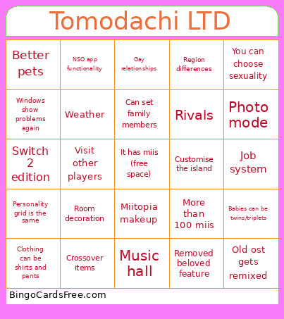 Tomodachi LTD Bingo Card