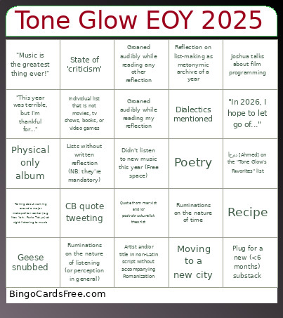 Tone Glow EOY 2025 Bingo Card