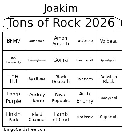 Tons Of Rock 2026 Bingo Card