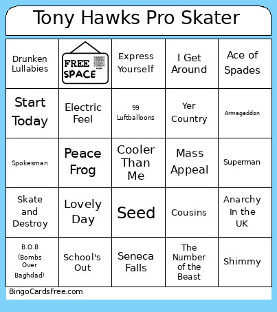 Tony Hawks Pro Skater Bingo Card