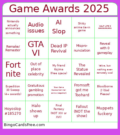 Tony's Game Awards 2025 Bingo Card