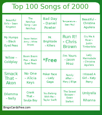 Top 100 Songs Of The 2000 Bingo Card