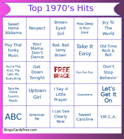Top 1970's Hits Bingo Card