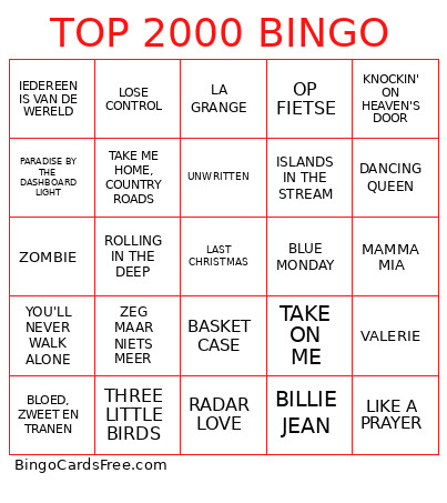 TOP 2000 Bingo Card