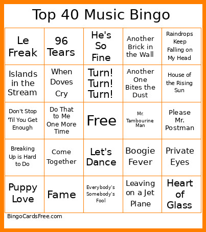 Top 40 Music Bingo Card