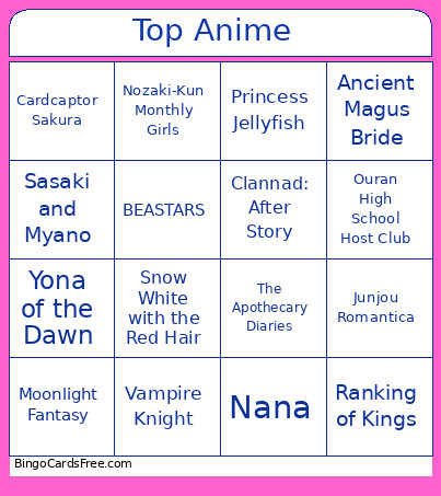 Top Anime Bingo Card